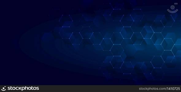 Abstract technology or medical concept blue glowing hexagons shape pattern on dark background. Ideas for health care tech, innovation medicine, science and research. You can use for template cover brochure, banner web, print ad, flyer, etc. Vector illustration
