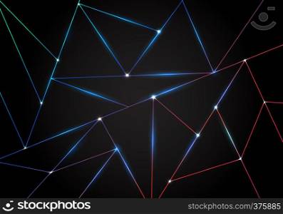 Abstract technology polygonal pattern and black triangles laser lines with lighting on dark background. Geometric low polygon gradient shapes. Vector illustration