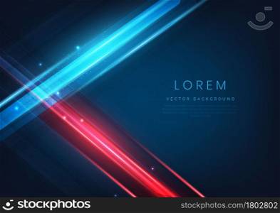 Abstract technology red and blue geometric overlapping hi speed line movement design background with copy space for text. Vector illustration