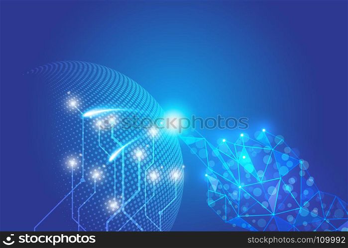 abstract technology with click hand wireframe and halftone dots blue background,network,line,vector design