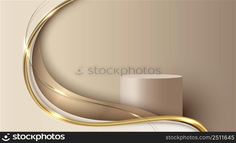 Abstract template 3D cylinder podium elegant golden wave shape with shiny gold line sparkling lighting on cream background luxury style. Vector illustration