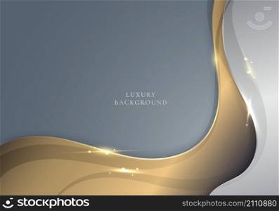 Abstract template 3D elegant golden and white wave shapes with sparkling lighting on grey background. Vector illustration