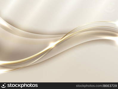 Abstract template 3D elegant golden wave shape with shiny gold line sparkling lighting on gold background luxury style. Vector illustration