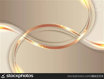 Abstract template 3D elegant golden wave shape with shiny gold ribbon line sparkling lighting on cream background luxury style. Vector illustration