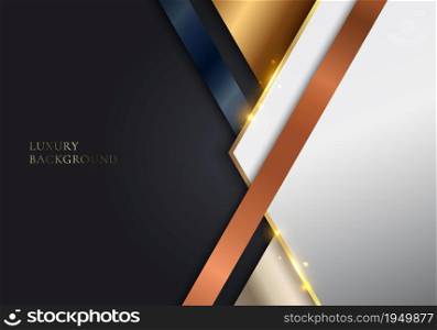 Abstract template 3D geometric stripes golden metallic color on black background. Vector graphic illustration