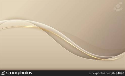 Abstract template background 3D elegant golden wave shape with shiny gold line sparkling lighting and glitter luxury style. Vector illustration