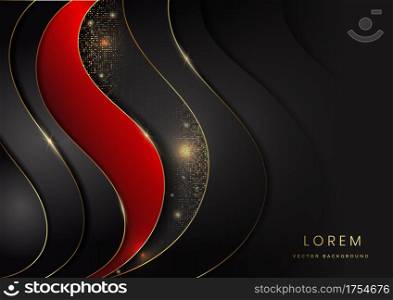 Abstract template black and red curve geometric with golden line and glitter gold dot on black background. Luxury style. Vector illustration
