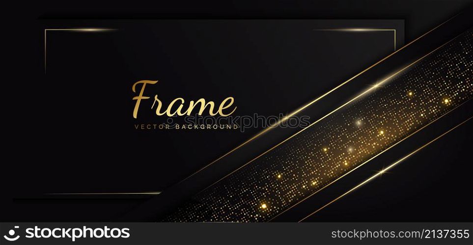 Abstract template black geometric oblique with golden line layer on black background. Decor glitter and golden lines glowing dots golden combinations. Luxury style. Frame background. Vector illustration
