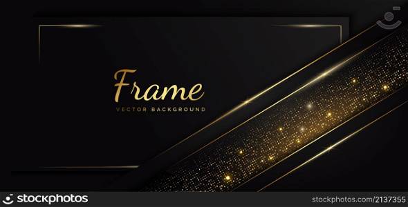 Abstract template black geometric oblique with golden line layer on black background. Decor glitter and golden lines glowing dots golden combinations. Luxury style. Frame background. Vector illustration