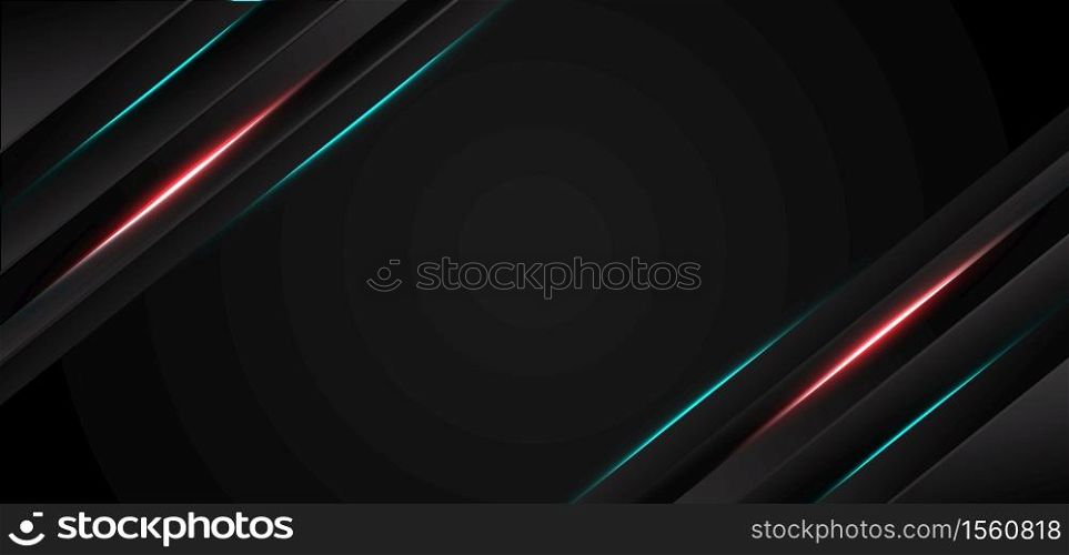 Abstract template black stripes with light blue, red, neon light with copy space for text. technology concept. Vector illustration