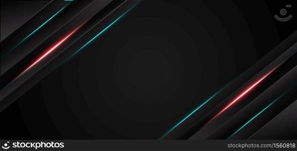 Abstract template black stripes with light blue, red, neon light with copy space for text. technology concept. Vector illustration