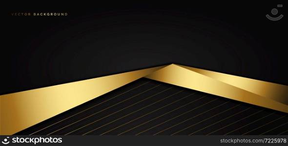 Abstract template black triangle background with striped lines golden with copy space for text. Luxury style. Vector illustration
