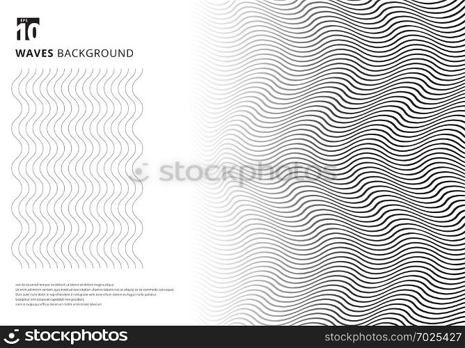 Abstract template black wavy stripes curved ripple lines texture on white background with copy space. Modern trendy 3D curves. Vector illustration