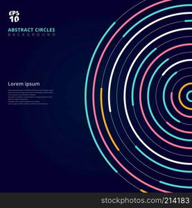 Abstract template colorful lines bright circles pattern on dark background. You can use for cover brochure, banner, website, poster, leaflet. annual report, print, book. Vector illustration