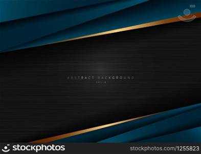 Abstract template dark blue luxury premium on black background with geometric triangles pattern and golden striped lines. Vector illustration