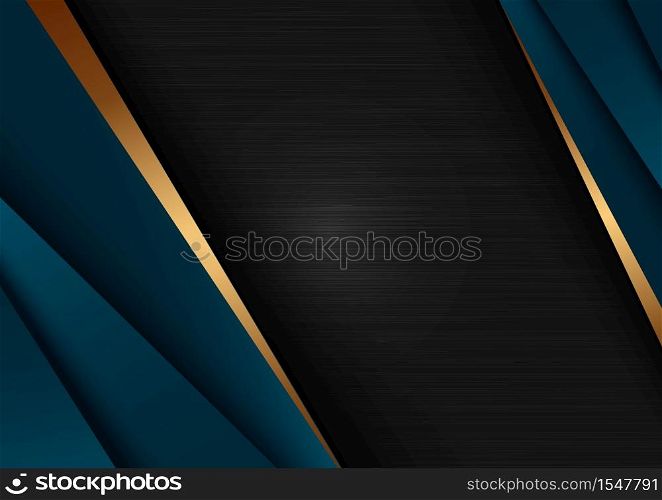 Abstract template dark blue luxury premium on black background with geometric triangles pattern and golden striped lines. Vector illustration