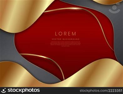Abstract template elegant 3D golden and grey wave curved overlapping with lighting effect on dark red background with copy space for text. Luxury premium concept. Vector illustration
