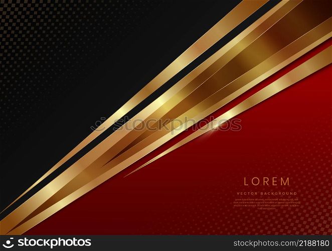 Abstract template elegant 3D golden diagonal triangle overlapping with lighting effect on dark red background with copy space for text. Luxury premium concept. Vector illustration