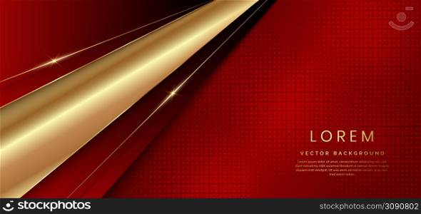 Abstract template elegant 3D golden diagonal triangle overlapping with lighting effect on dark red background with copy space for text. Luxury premium concept. Vector illustration