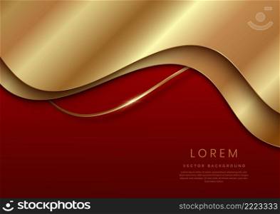 Abstract template elegant 3D golden wave curved overlapping with lighting effect on dark red background with copy space for text. Luxury premium concept. Vector illustration