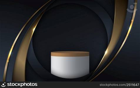 Abstract template elegant 3D white cylinder podium blue and gold curve with lighting on dark blue background luxury style. Vector graphic illustration