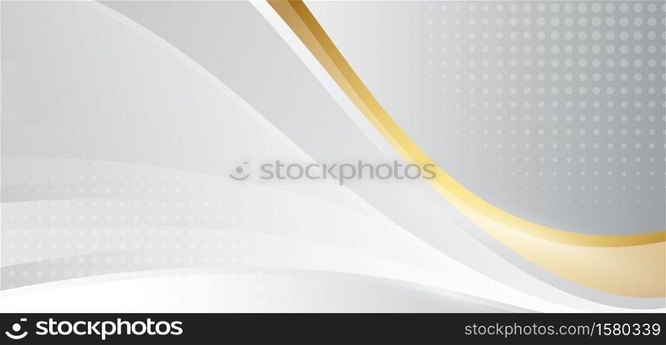 Abstract template grey and gold background waves with halftone. Vector illustration.