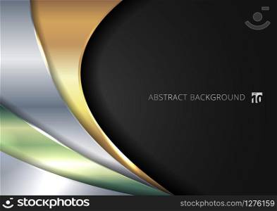 Abstract template shiny golden, silver, green metallic curve overlapping layer on black background. Vector illustration