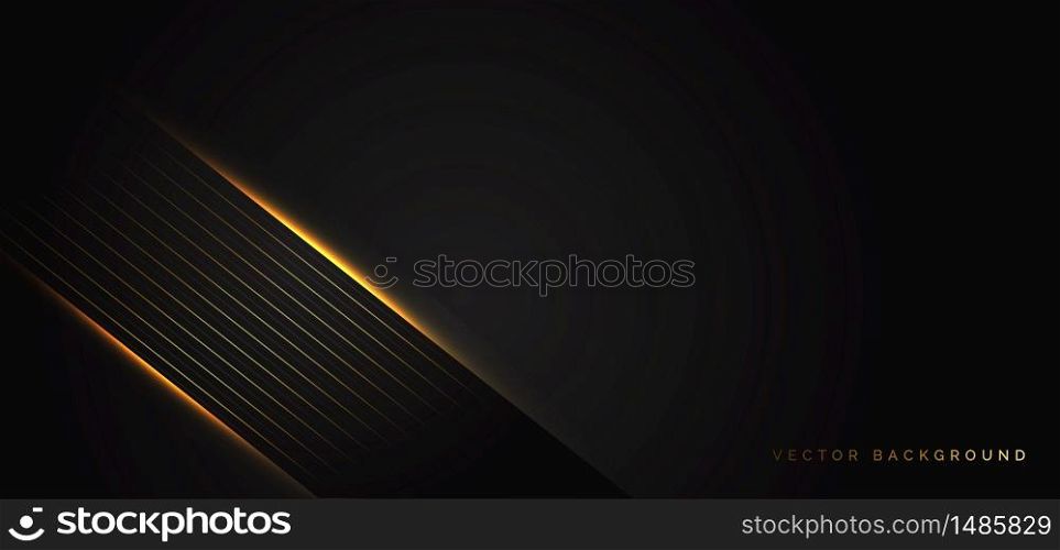 Abstract template stripes golden lines diagonal overlap with light effect with copy space for text on black background. Luxury style. Vector illustration