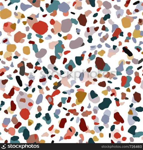 Abstract terrazzo seamless pattern on white background. Marble wallpaper. Modern backdrop textured. Natural stone, granite, quartz shapes backdrop.. Abstract terrazzo seamless pattern on white background.