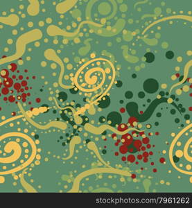 Abstract textile seamless pattern of colored dots in green paisley style