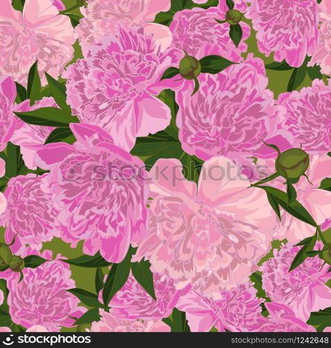 Abstract texture with pink peony in realistic style. Seamless pattern with festive flower bouquet ornament . Vector illustration. Abstract texture with pink peony in realistic style