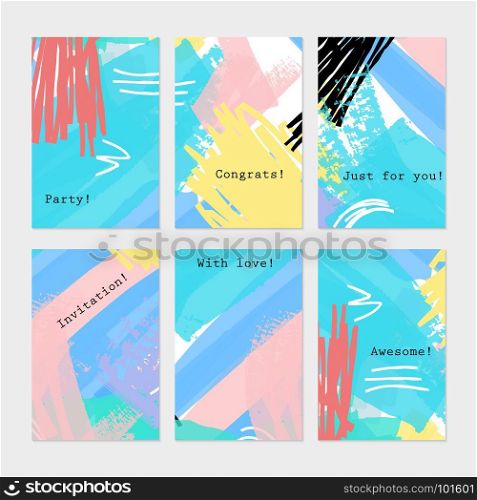 Abstract textured strokes bright blue pink yellow.Hand drawn creative invitation greeting cards.Poster placard flayer design templates. Anniversary Birthday wedding party cards.Isolated on layer.