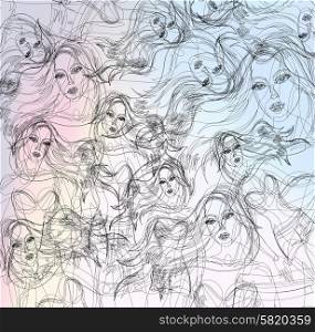 Abstract thin line background. Fashion beautiful women drawn by thin line style. Abstract thin line background