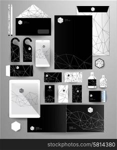 Abstract thin line polygonal business set. Geometric, triangles. Corporate identity templates blank, business cards, badge, envelope, pen, Folder for documents, Tablet PC, Mobile Phone