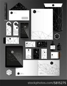 Abstract thin line polygonal business set. Geometric, triangles. Corporate identity templates blank, business cards, badge, envelope, pen, Folder for documents, Tablet PC, Mobile Phone