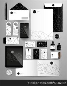 Abstract thin line polygonal business set. Geometric, triangles. Corporate identity templates: blank, business cards, badge, envelope, pen, Folder for documents, Tablet PC, Mobile Phone