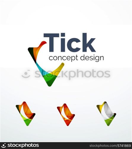 Abstract tick logo design of color pieces, overlapping geometric shapes. Light and shadow effects
