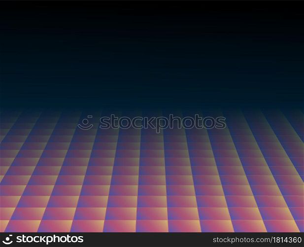 Abstract tiles floor. Colorful disco coating, perspective square surface vector background. Geometric futuristic flooring 80s, interior discotheque illustration. Abstract tiles floor. Colorful disco coating, perspective square surface vector background