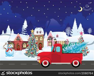 Abstract town and red pickup with evergreen tree, winter rural landscape.