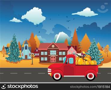 Abstract town and red pickup with pumpkins, autumn rural landscape