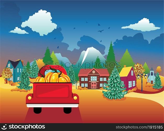 Abstract town and red pickup with pumpkins, autumn rural landscape