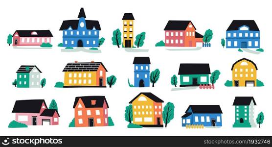 Abstract town buildings. Cute doodle city houses with tiny roofs, windows and small brick elements. Urban architecture. Residential construction. Cottage facades. Vector hand drawn cozy outdoor set. Abstract town buildings. Doodle city houses with tiny roofs, windows and small brick elements. Urban architecture. Residential construction. Cottage facades. Vector hand drawn outdoor set