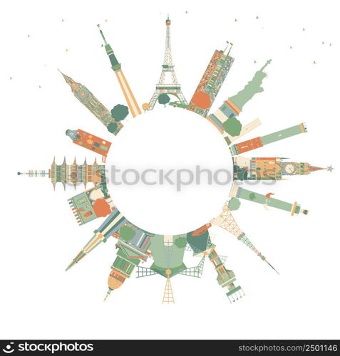 Abstract Travel Concept Around the World with Famous International Landmarks. Vector Illustration. Business and Tourism Concept with Copy Space. Image for Presentation, Placard, Banner or Web Site.