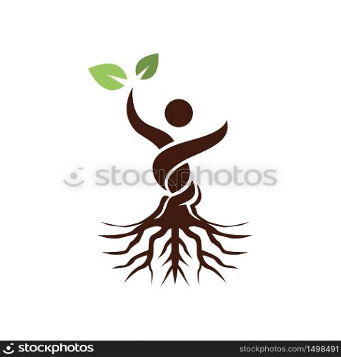 Abstract Tree Man Raise Hand with Green Leaf