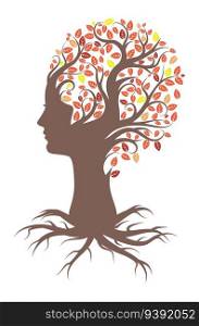 Abstract tree silhouette with autumn leaves and female head, ecology concept illustration.