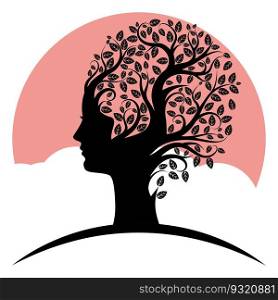 Abstract tree silhouette with leaves and female head, ecology concept illustration.
