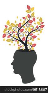 Abstract tree with colorful autumn leaves glowing from human head illustration.