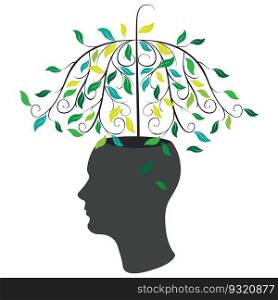 Abstract tree with green leaves glowing from human head illustration.