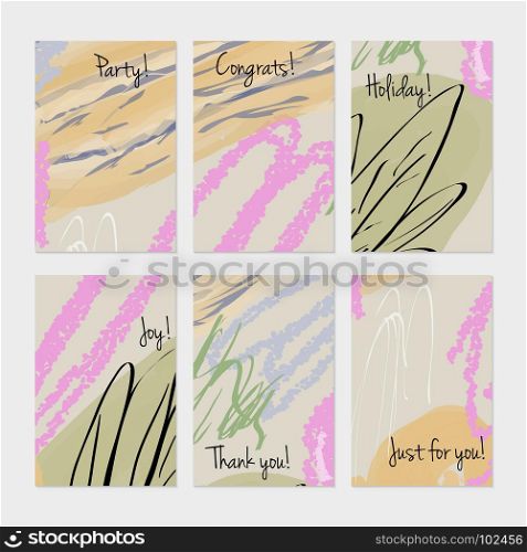 Abstract trees and buses on crayon brush.Hand drawn creative invitation or greeting cards template. Anniversary, Birthday, wedding, party, social media banners set of 6. Isolated on layer.