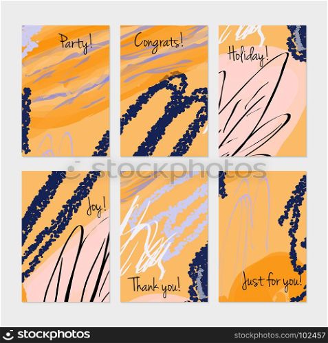 Abstract trees and buses on crayon brush.Hand drawn creative invitation or greeting cards template. Anniversary, Birthday, wedding, party, social media banners set of 6. Isolated on layer.